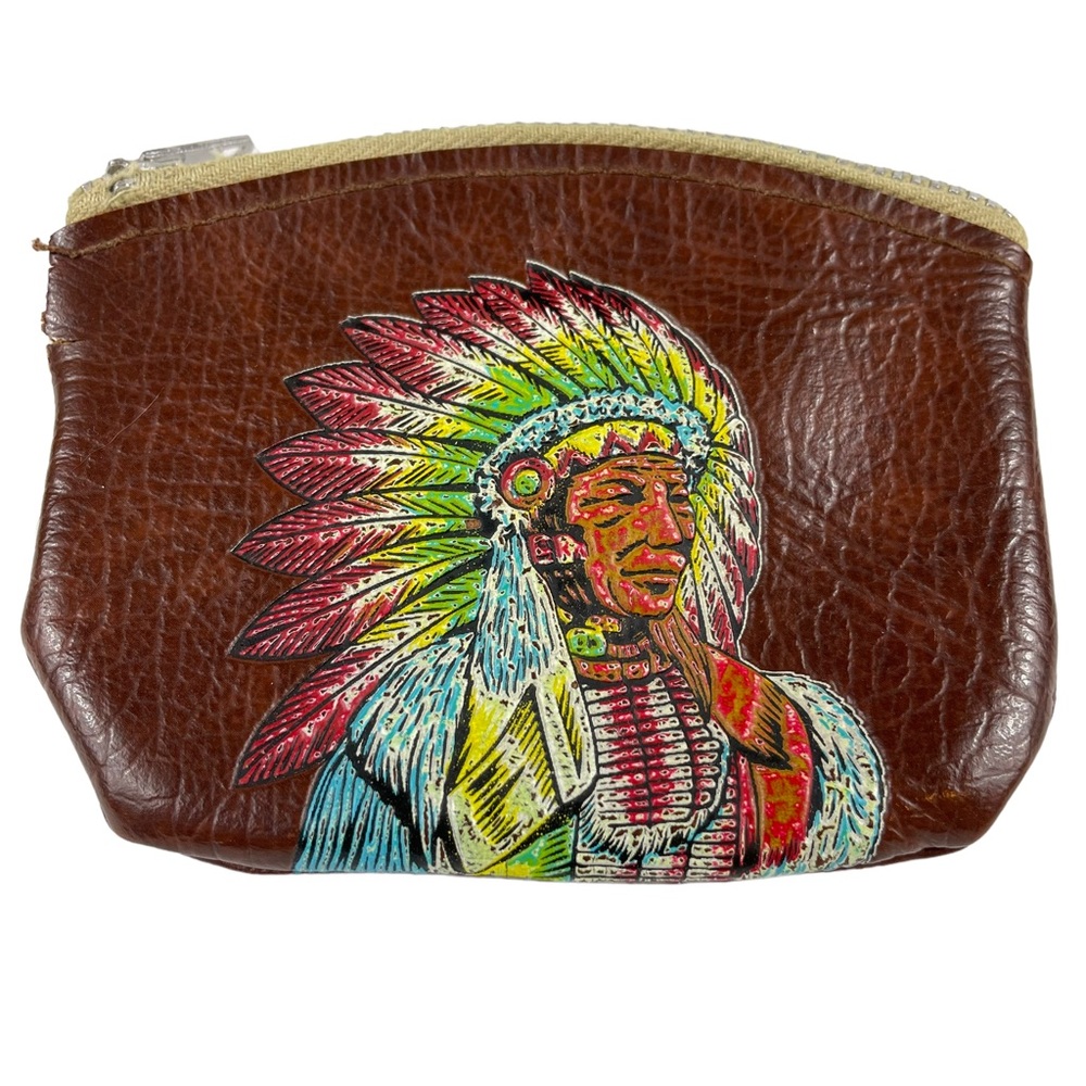 Vintage Embossed Leather Native American Headdress Indigenous Coin Purse Color